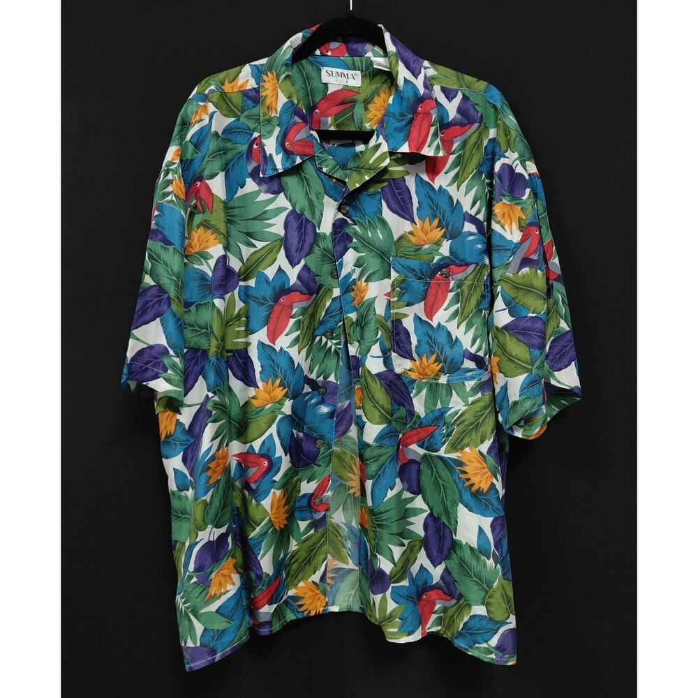 SUMMA SILK Hawaiian Shirt Multicolor Tropical Short Sleeve 100% Silk Men Size XL